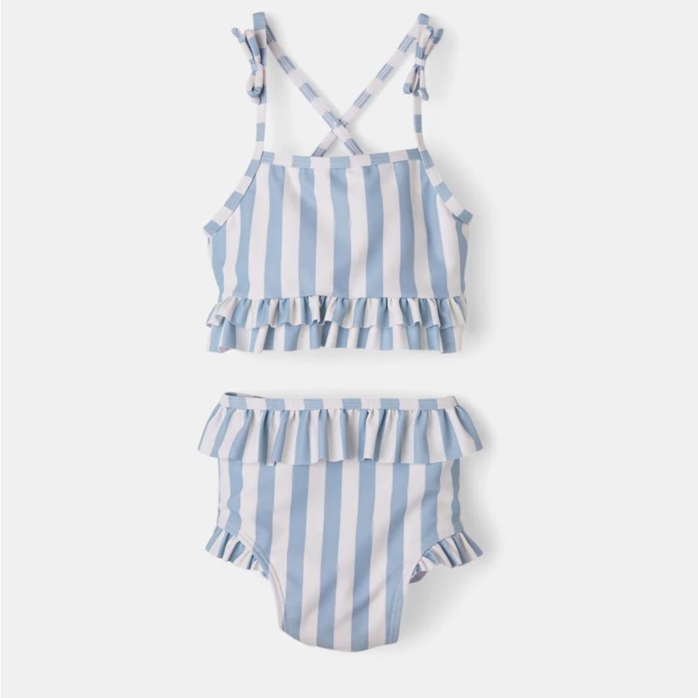 Striped Blue and White Ruffle Bikini Set
